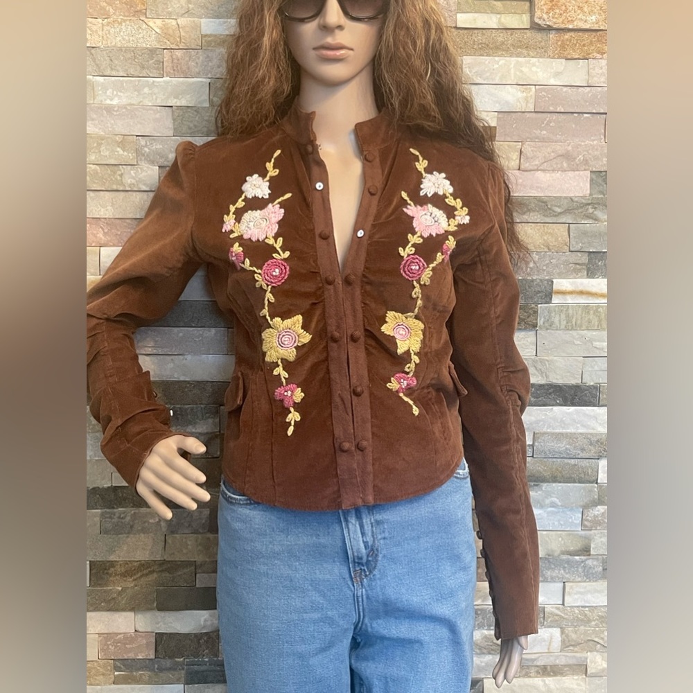 Persaman New York Brown Suede Floral Embroidered Button-Up Jacket